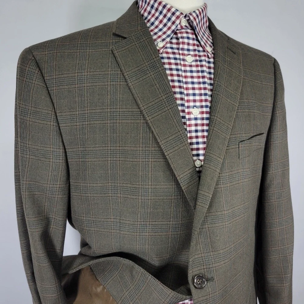 Michael Kors Men's Sport Coat Blazer Two Button Olive Brown Plaid Poly Rayon 48R